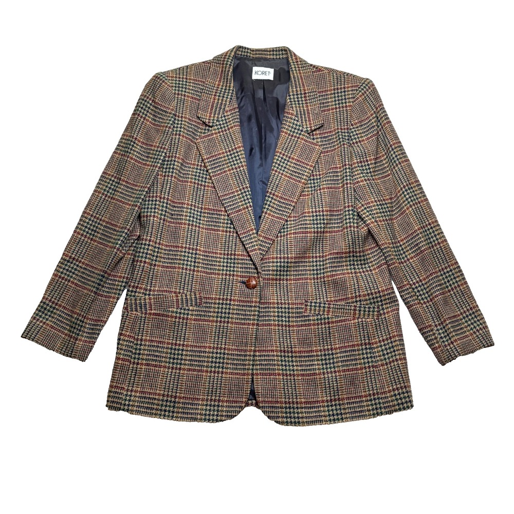 Vtg Koret Blazer Womens 10 Plaid Wool Blend Jacket Oversized Academia Preppy 90s